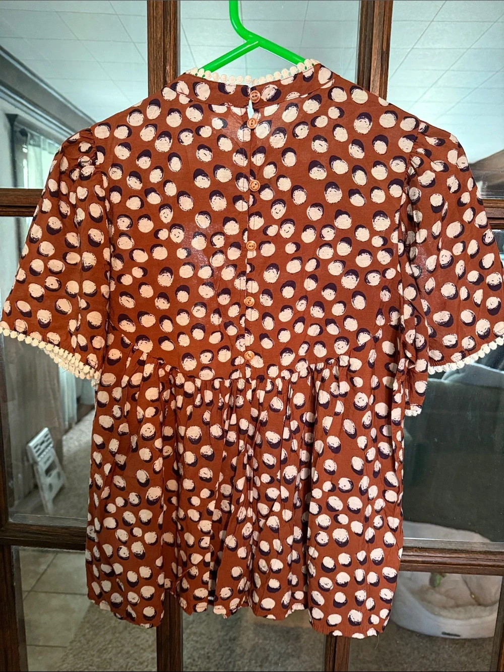 THML Rust Brown Embroidered Babydoll Blouse Button Back Pom Pom Trim Small